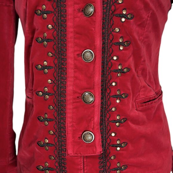 Free People Womens Maven Pintuck Military Jacket Red Velvet Embroidered Button S - Picture 5 of 12